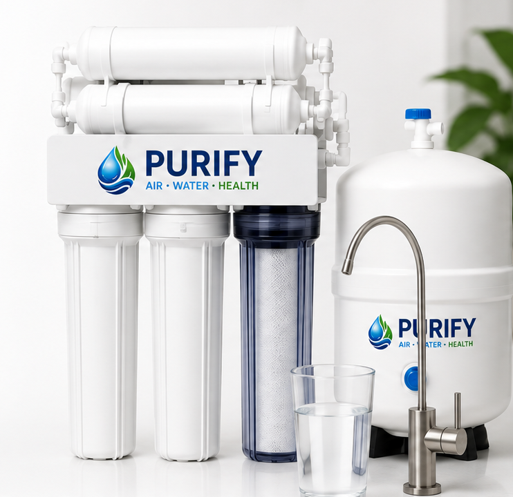 Purify residential reverse osmosis drinking-water system with filter housings, storage tank, dedicated faucet and glass of water