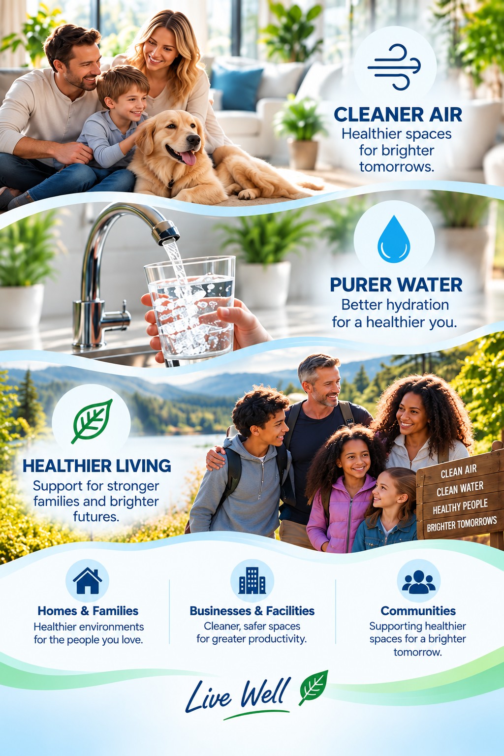 Purify Air, Water & Health mobile banner highlighting cleaner air, purer water and healthier living.