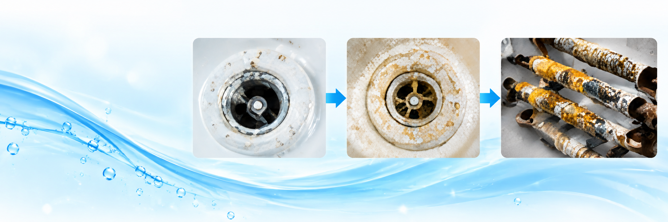 Progression showing how hard-water minerals can form scale in hot tubs and around spa jets