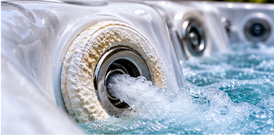 Mineral scale around spa jets and fittings