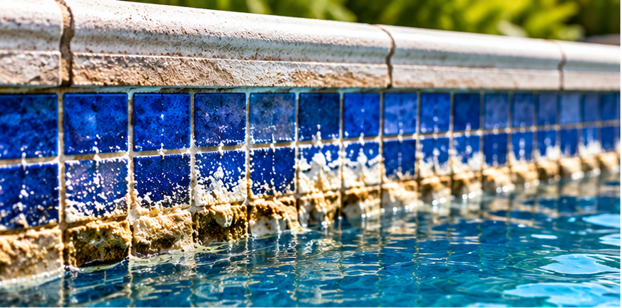 Hard-water deposits along a pool waterline